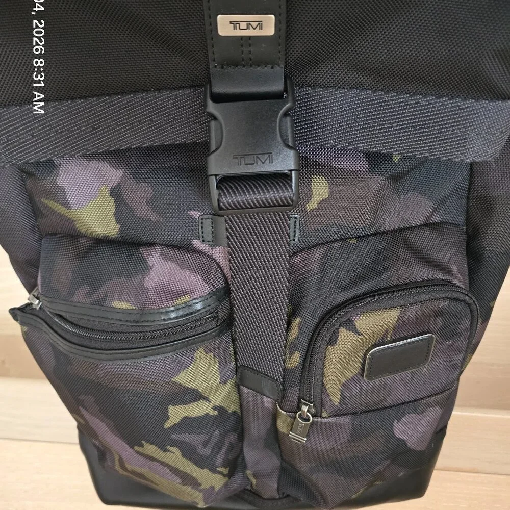 Rare Tumi Cypress Roll-Top Backpack in Avocado Camo, 35L Capacity